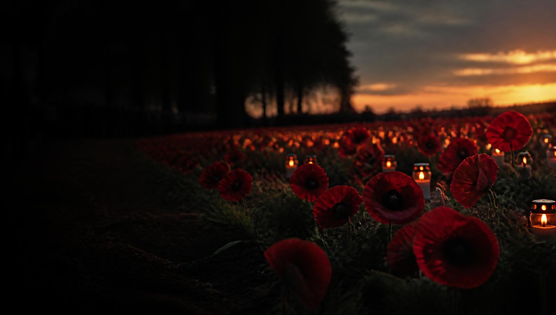 Field of red poppies at dusk with memorial candles among them