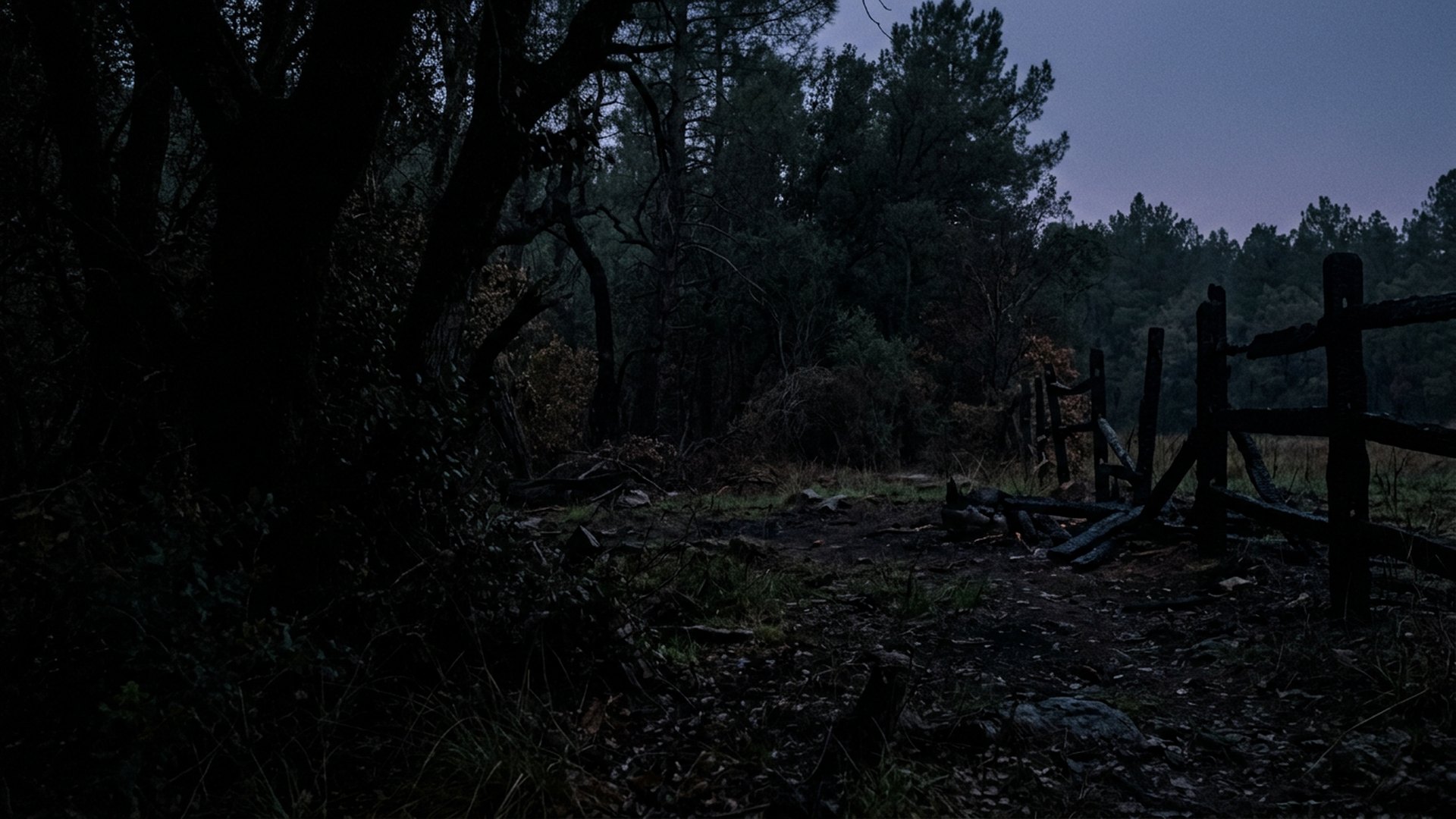 Charred wooden fence in a dark silent forest clearing at twilight.