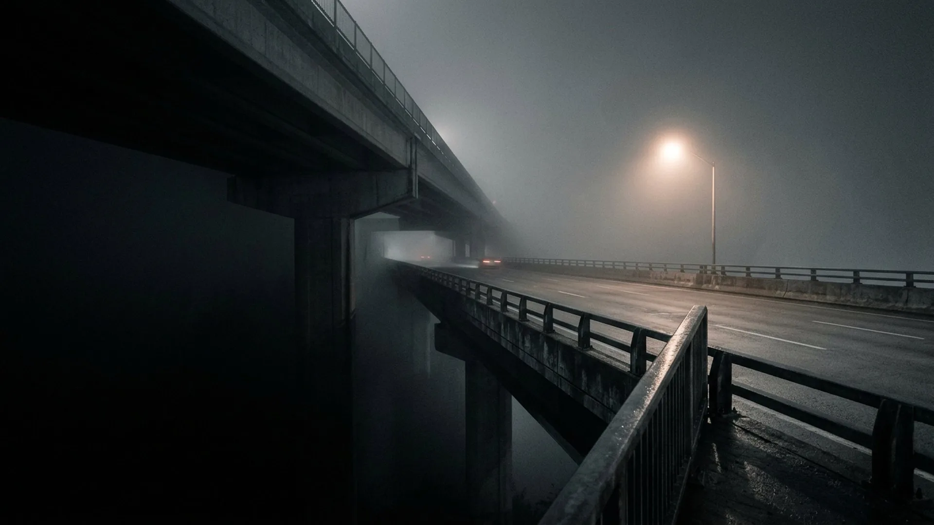 Foggy bridge vanishing into dark gloom with one glowing lamp.